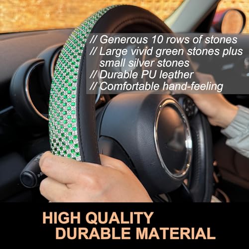 Large Size Bling Comfy Steering Wheel Cover with Jumbo Crystal Rhinestones, Anti-Slip Diamond Leather, 15.5-15.75 Inch (Vivid Green) - color: 910.Vivid Green, size: Large Size[15 1/2''-15 3/4'']