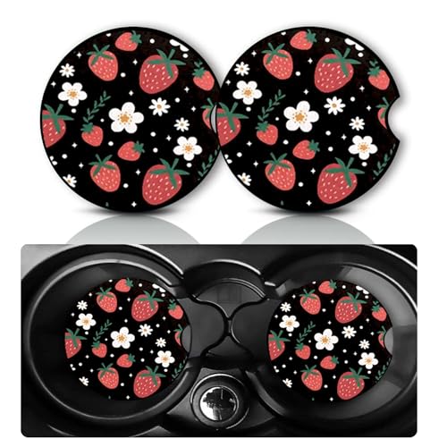 2Pack Strawberry Car Cup Holder Coasters,Cars Coasters for Cup Holders,2.75" Universal Anti Slip Rubber Mat with Finger Slot,Strawberry Car Accessories Interior Decor,Strawberrys Gifts for Women,Men - color: Strawberry