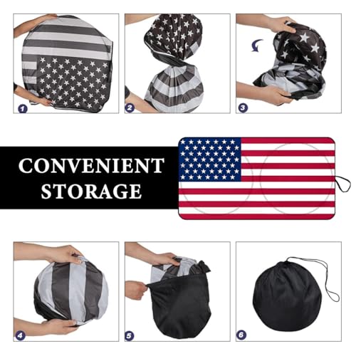 Car Windshield Sun Shade, 64" x 34" American Flag Car Windshield Cover Keep Your Vehicle Cool, Auto Front Window Sunshade Sun Heat and UV Rays Blocker Fits Most Cars (USA Original Flag)