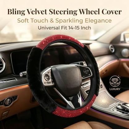 Bling Steering Wheel Cover for Women Girls, Red Rhinestone Diamond Sparkling Fur Fluffy Steering Wheel Accessories Elastic Steering Wheel Covers Winter Warm Universal Fit 14-15 inches - color: Red