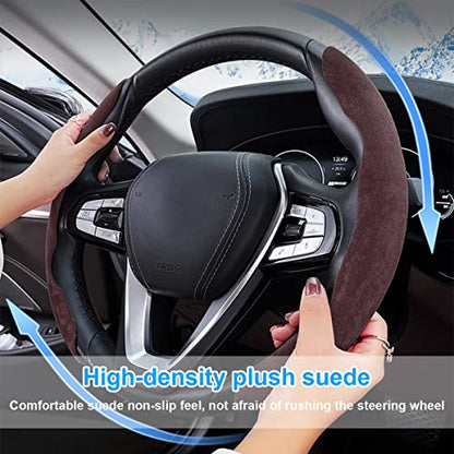 Car Steering Wheel Cover, Microfiber Suede Leather and Carbon Fiber Double Sided Design, Warm in Winter and Cool in Summer, Breathable Non Slip Segmented Protector for Most Cars (Turn Fur/Coffee) - color: Turn Fur/Coffee