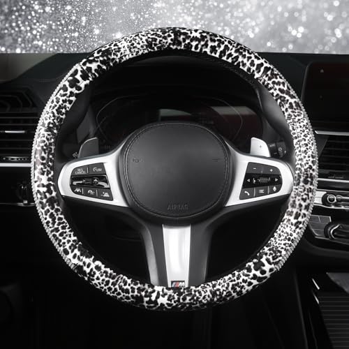 AUTOYOUTH Leopard Print Steering Wheel Cover - Bling Crystal Rhinestones Cheetah Print on PVC Leather Non-Slip Breathable Design for Women/Girls Universal Fit 14.5-15 Inch - White - color: WHITE