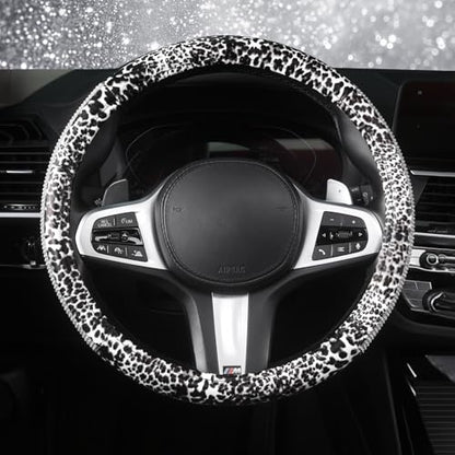 AUTOYOUTH Leopard Print Steering Wheel Cover - Bling Crystal Rhinestones Cheetah Print on PVC Leather Non-Slip Breathable Design for Women/Girls Universal Fit 14.5-15 Inch - White - color: WHITE