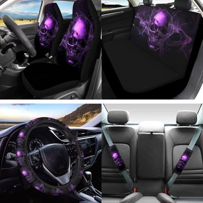 16 Pcs Car Seat Cover Full Sets, Skull Printed Soft Car Front Rear Seat Covers with Steering Wheel Cover Center Console Covers Seatbelt Pads Head Rest Protector Car Coaster, Universal Fits - color: Black and Purple - Skull