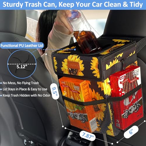 ELONGRIVER Car Trash Can Bin for Back Seat Leak Proof, Cute Car Trash Bag Hanging, Vehicle Trash Can for SUV Truck Van, Automotive Garbage Cans Front Seat Sunflower Floral - color: Sunflower, size: 2 Gallons