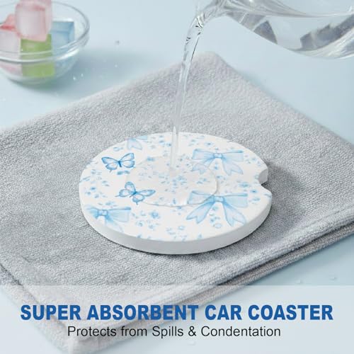 Ceramic Car Coasters, 2 Pack, 2.64" Absorbent Car Cup Holder Coasters, Cute Ceramic Car Coasters for Women, Blue Butterfly & Bow Pattern - color: Blue Butterfly Bow