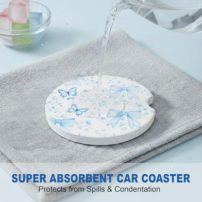 Ceramic Car Coasters, 2 Pack, 2.64" Absorbent Car Cup Holder Coasters, Cute Ceramic Car Coasters for Women, Blue Butterfly & Bow Pattern - color: Blue Butterfly Bow