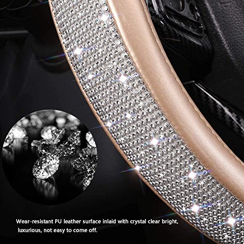 Bling Diamond Leather Steering Wheel Cover, Golden Steering Wheel Covers for Women Girls with Crystal Rhinestones, Universal Fit 14.5-15 Inch Car Steering Wheel Bling Cover Accessories - color: Golden