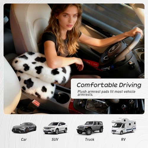 Fluffy Car Armrest Cover with Side Pockets – Plush Fuzzy Fur Center Console Armrest Cushion Pad, Universal Winter Car Interior Protector, Soft Arm Rest Cover with Storage for Women & Men (COWS)