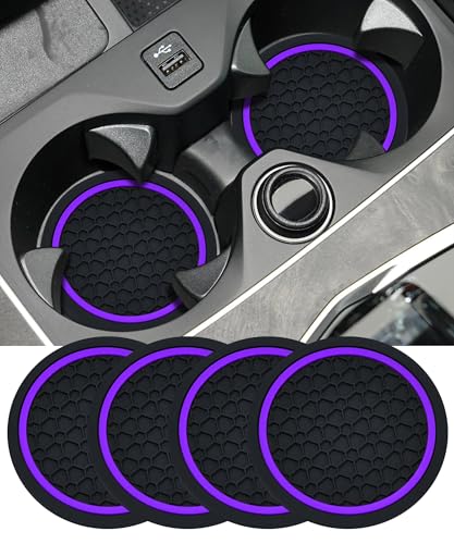 4PCS Car Coasters, Car Accessories Interior, 2.75 Inch Non-Slip PVC Coasters for Cup Holders, Universal, Black&Purple - color: Black&purple