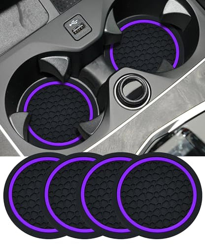 4PCS Car Coasters, Car Accessories Interior, 2.75 Inch Non-Slip PVC Coasters for Cup Holders, Universal, Black&Purple - color: Black&purple