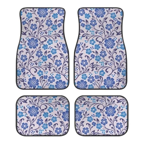 Blue Flowers Print Floral Car Floor Mats Suitable for Cars SUVs Trucks,All Weather Front & Rear Automotive Floor Mats,Universal Fit Design，4 Pieces - color: Blue Flowers