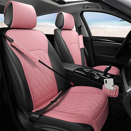 Front Car Seat Covers - Leather Seat Covers with Storage Pocket and Two Belt Pads, Anti-Slip Waterproof Universal Seat Covers for Cars Fit Cars Trucks SUV(Pink,2 Pack) - color: Pink