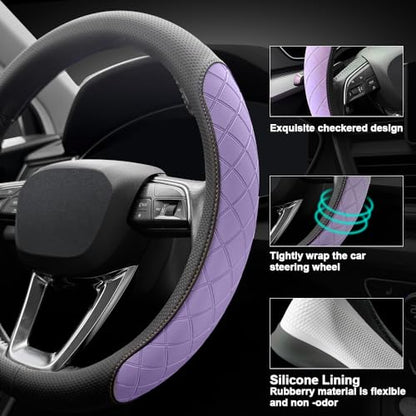 Nappa leather steering wheel cover,elegant diamond checkered design, non-slip wear-resistant, enhance driving comfort, suitable for steering wheel diameter 14 1/2‘-15’ models.Black and purple - color: Black and purple