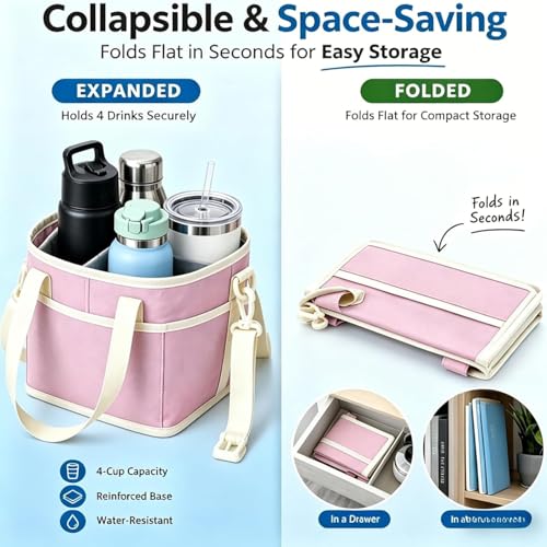 Drink Carrier Bag for 4 Cups, Insulated Drink Carrier with 4 Compartments, Portable Tumbler Holder with Adjustable Strap, Drink Caddy Tote for Coffee, Travel, Takeout & Outings (Light Purple) - color: Light Purple