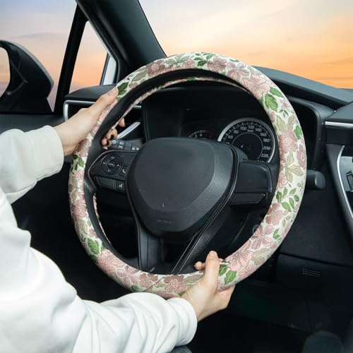 Retro Pink and Purple Flowers Steering Wheel Cover Auto Jacquard Steering Wheel Protector, Anti-Slip, Breathable, Absorbing Sweat, Universal Car Accessories 14.5–15 inch,Fit for Most Car, Trucks, SUV - style: Pink Cherry Blossom