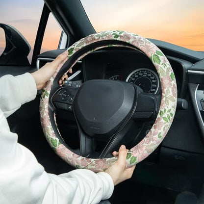 Retro Pink and Purple Flowers Steering Wheel Cover Auto Jacquard Steering Wheel Protector, Anti-Slip, Breathable, Absorbing Sweat, Universal Car Accessories 14.5–15 inch,Fit for Most Car, Trucks, SUV - style: Pink Cherry Blossom