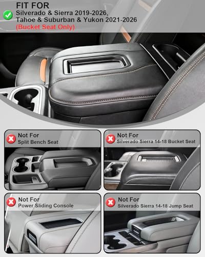 Center Console Armrest Cover for Chevy Chevrolet Silverado 1500/GMC Sierra 2019-2026, Yukon/Suburban/Tahoe 2021-2026, PU Leather Middle Console Lid Protector Arm Rest Cushion Thick Pad(Bucket Seat)