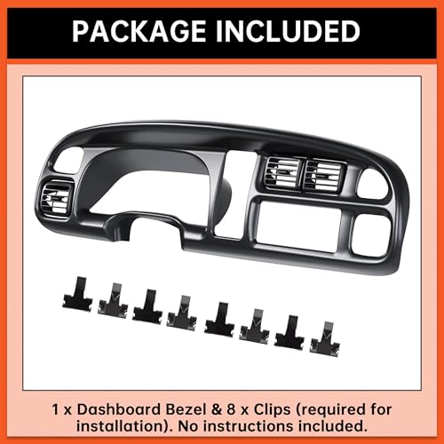 ECOTRIC Dash Board Cluster Bezel Cover Compatible with 1998-2002 Dodge Ram 1500 2500 3500 Instrument Pad Panel Dashboard Kit w/Vents Replacement for 5GK51DX9AA 5EU11DX9AB - Clips Included - size: Dash Bezel W/ Vents