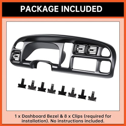 ECOTRIC Dash Board Cluster Bezel Cover Compatible with 1998-2002 Dodge Ram 1500 2500 3500 Instrument Pad Panel Dashboard Kit w/Vents Replacement for 5GK51DX9AA 5EU11DX9AB - Clips Included - size: Dash Bezel W/ Vents