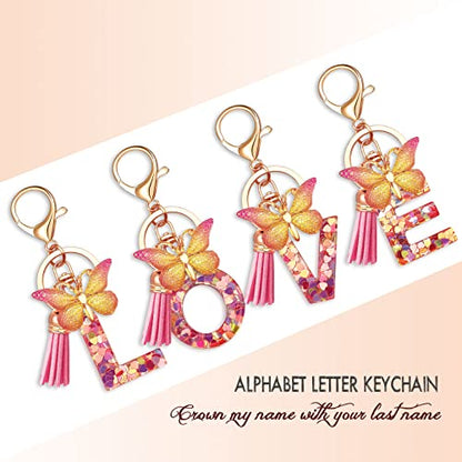 JINGUAZI Initial letter Keychains for Women Tassel Butterfly Pink Purple Cute Car Keychain for Wallet Backpack bag charm - color: B-pink