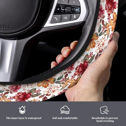 Car Steering Wheel Cover, Universal 15 Inch Non-Slip Breathable Neoprene Elastic Steering Wheel Protector, Cute Car Accessories for Women Men Fit Auto, Suvs Luxury Red Flowers - color: Luxury Red Flowers