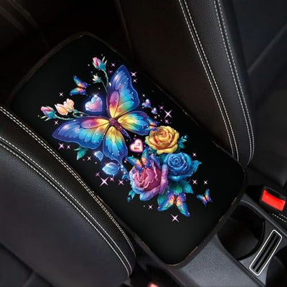 Colorful Butterfly Rose Print Car Center Console Cover Pad, Universal Armrest Seat Box Cover,Auto Armrest Cover Protector - color: Colorful Butterfly Rose