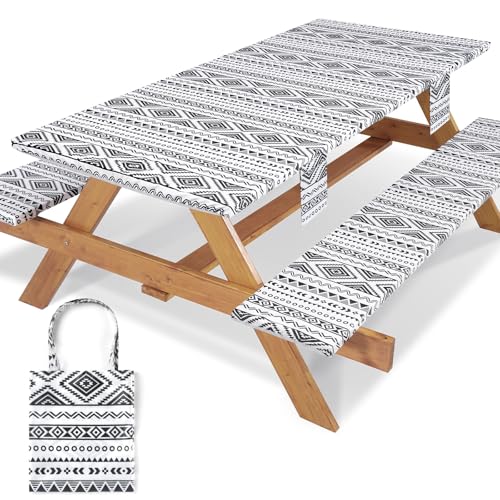 Picnic Table Cover with Bench Covers Non Slip Waterproof Vinyl Tablecloth for 6 Foot Rectangle Tables Family Gardening Needs Camping Rv Roadtrip Items for Tent Camper Useful Gift for Woman Man - color: Black White Stripes, size: 72*30Inch