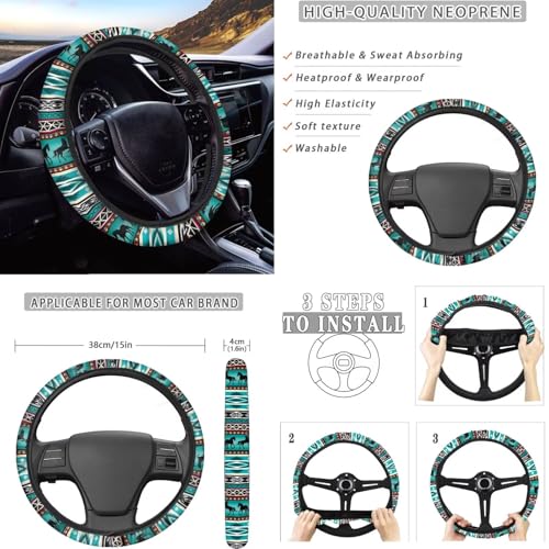 Dreaweet Aztec Car Seat Covers Full Set Native American Dreamcatcher and Horse Seat Covers with Steering Wheel Cover,Armrest Pads,Seat Belt Pads,Coasters,Gear Shift & Handbrake Cover,Universal Fit - color: Aztec Dreamcatcher Horse