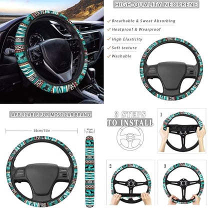 Dreaweet Aztec Car Seat Covers Full Set Native American Dreamcatcher and Horse Seat Covers with Steering Wheel Cover,Armrest Pads,Seat Belt Pads,Coasters,Gear Shift & Handbrake Cover,Universal Fit - color: Aztec Dreamcatcher Horse