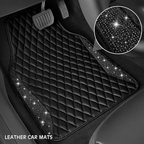 CAR PASS Bling Leather Car Mats Shining Diamond Floor Mats Sparkly Glitter Crystal Rhinestones Carpet Anti-Slip Waterproof Pad Universal Fit for Automotive SUV, Sedan, Van, 5pcs for Girl Women Black - color: Black Leather Diamond
