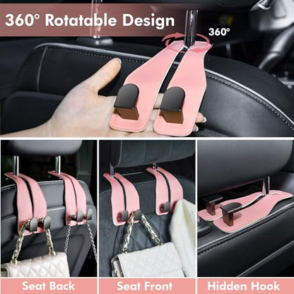 Car Hooks for Headrest, Leather Car Seat Back Storage Organizer Interior Accessories, More Wide & Deep Auto Seat Hook Hangers for Purse Umbrellas Handbag Clothes Coats Grocery Bags (Pink-2 Pack)