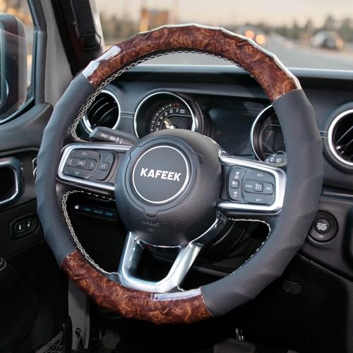Wood Grain Steering Wheel Cover, Universal 15 Inch, Car Steering Wheel Protector Men Women, Comfort Finger Grips, Breathable Microfiber Leather, Anti-Slip, Black