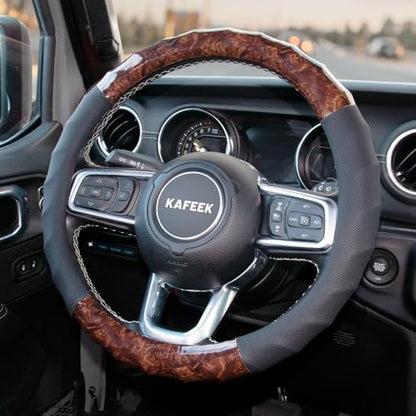 Wood Grain Steering Wheel Cover, Universal 15 Inch, Car Steering Wheel Protector Men Women, Comfort Finger Grips, Breathable Microfiber Leather, Anti-Slip, Black