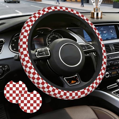 Checkered Steering Wheel Cover,Red White Checkered Universal 15" Elastic Car Steering Wheel Cover with 2 PCS Car Coasters,Anti-Slip Breathable Accessories for Auto,SUVs,Truck - color: Checkered