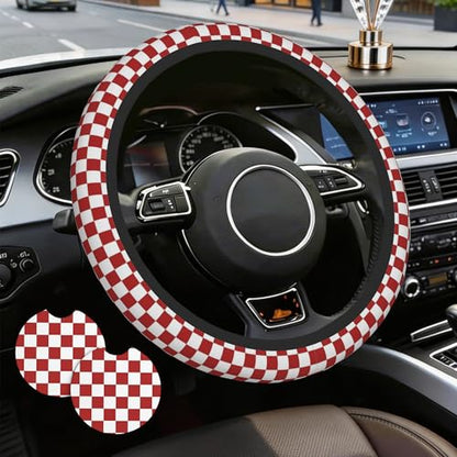 Checkered Steering Wheel Cover,Red White Checkered Universal 15" Elastic Car Steering Wheel Cover with 2 PCS Car Coasters,Anti-Slip Breathable Accessories for Auto,SUVs,Truck - color: Checkered