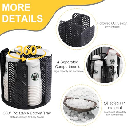 Coffee Cup Dispenser,360°Rotating Paper Cup Dispenser,Cup Holder with 4 Compartments Removable,Cup Dispenser Countertop,Disposable Paper & Plastic Cups,for Restaurant,Coffee Station,Bar,Office - color: Black