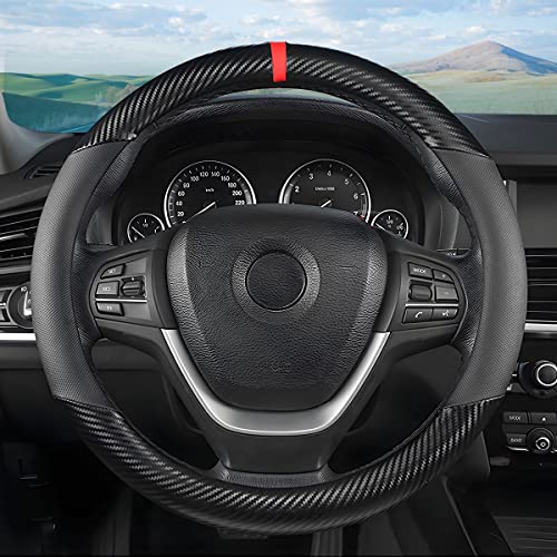 Moly Magnolia Carbon Fiber Steering Wheel Cover, Universal 15 inch Breathable Anti Slip, Black, Leather & Carbon Fiber, Truck & SUV, Automotive Steering Wheel Covers - color: Black