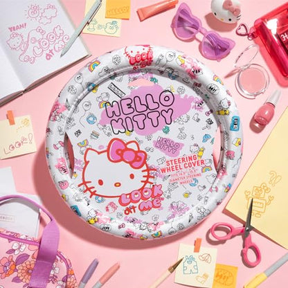 Hello Kitty Steering Wheel Cover, Official Sanrio Car Steering Wheel Cover with Universal Size 14.5-15, Cute White Hello Kitty Car Accessories for Women (Hello Kitty Look at Me) - style: Hello Kitty Look at Me