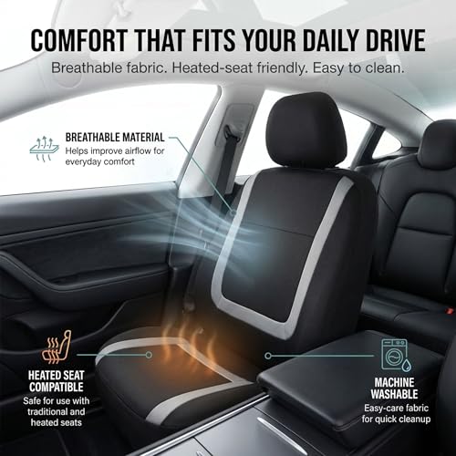 FH Group Car Seat Covers Unique Flat Cloth Full Set Automotive Seat Covers Front Set and Rear Solid Bench Gray Black Seat Covers w. Gift Universal Fit Interior Accessories for Cars Trucks and SUVs - color: Gray