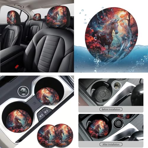 Horse Flower Printed 15 Pcs Car Seat Cover Set, Protective Car Accessories Set Front Rear Seat Covers Seat Belt Covers Steering Wheel Cover Car Headrest Cover Car Coaster - color: Brown and Black-Horse Flower