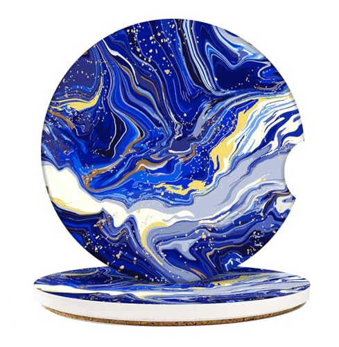 Car Coasters for Drinks Absorbent, 2 Pack Cup Holders, 2.56" Ceramic Stone & Non-Scratch Cork Base Coasters Cupholder, Auto Accessories for Women & Men, Blue Marble Gold Natural Luxury