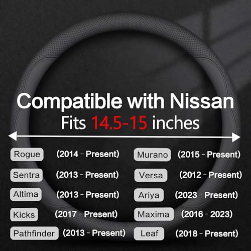 Leather Car Steering Wheel Cover, Breathable Laser-Perforated, Pure Black Double Lines, Rich Texture, 14.5-15 Inch for Nissan