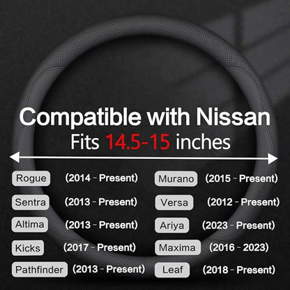 Leather Car Steering Wheel Cover, Breathable Laser-Perforated, Pure Black Double Lines, Rich Texture, 14.5-15 Inch for Nissan