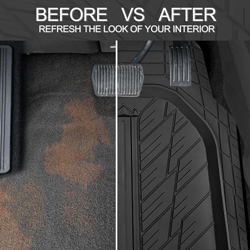 CAR PASS Leather Rubber Steering Wheel Cover 14 1/2” -15”,Tire Tread Pattern Design,Non-Slip Wear-Resistant, Heavy Duty Deep-Dish Car Floor Mats, Trim-to-Fit Car Mat,Fit for Steering Wheel Black - color: All Black Combo Set 38
