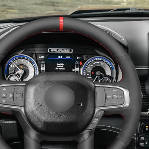 MEWANT DIY Hand Stitch Black Suede Genuine Leather Steering Wheel Cover for Dodge Ram Laramie Big Horn 1500 2019-2021 - color: Black Suede&Genuine Leather&Red Stripe&Red Thread