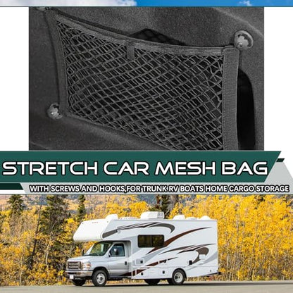 JINGKE 2 Pcs Small Cargo Net Pocket Elastic Mesh Netting Car Mesh Pouch with Screws and Hooks for Trunk RV Boats Home Cargo Storage (25.6'' x 9.8'') - size: 25.6'' x 9.8''