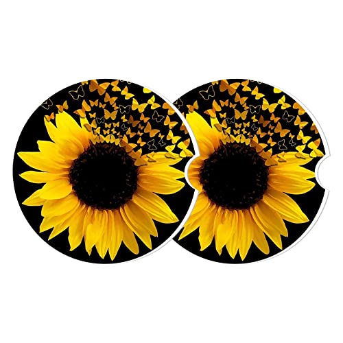 Car Cup Holder Coaster, Car Coasters for Drinks 2 Pack, Sunflower Absorbent Ceramic Coasters for Car, Auto Cup Holder Accessories for Men/Women Gift(Black Sunflower with Butterflies) - color: Black Sunflower With Butterflies