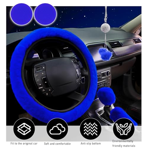 6 PCS Fluffy Steering Wheel Covers Set, 15 Inch Soft Steering Wheel Cover, Handbrake Cover & Gear Shift Cover & Cup Holder Coaster & Car Mirror Accessory, Car Accessories (Royal Blue) - color: Royal Blue