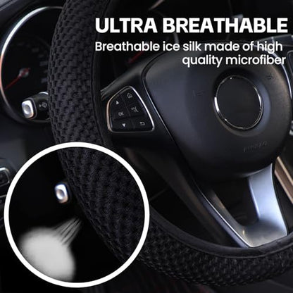 Elastic Stretch Car Steering Wheel Cover, Comfortable Steering Wheel Cover Universal for 14.5-15 Inch, Warm in Winter & Cool in Summer, Anti-Slip Breathable Ice Silk (Black) - color: Black